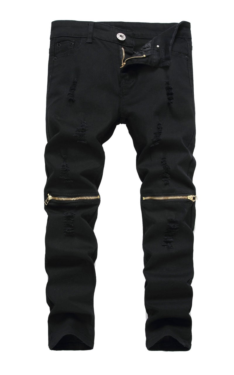FREDD MARSHALL Boy's Black Slim Fit Skinny Jeans Ripped Elastic Waist Pants with Zipper for Kids ,Black,5 Slim - Image 1